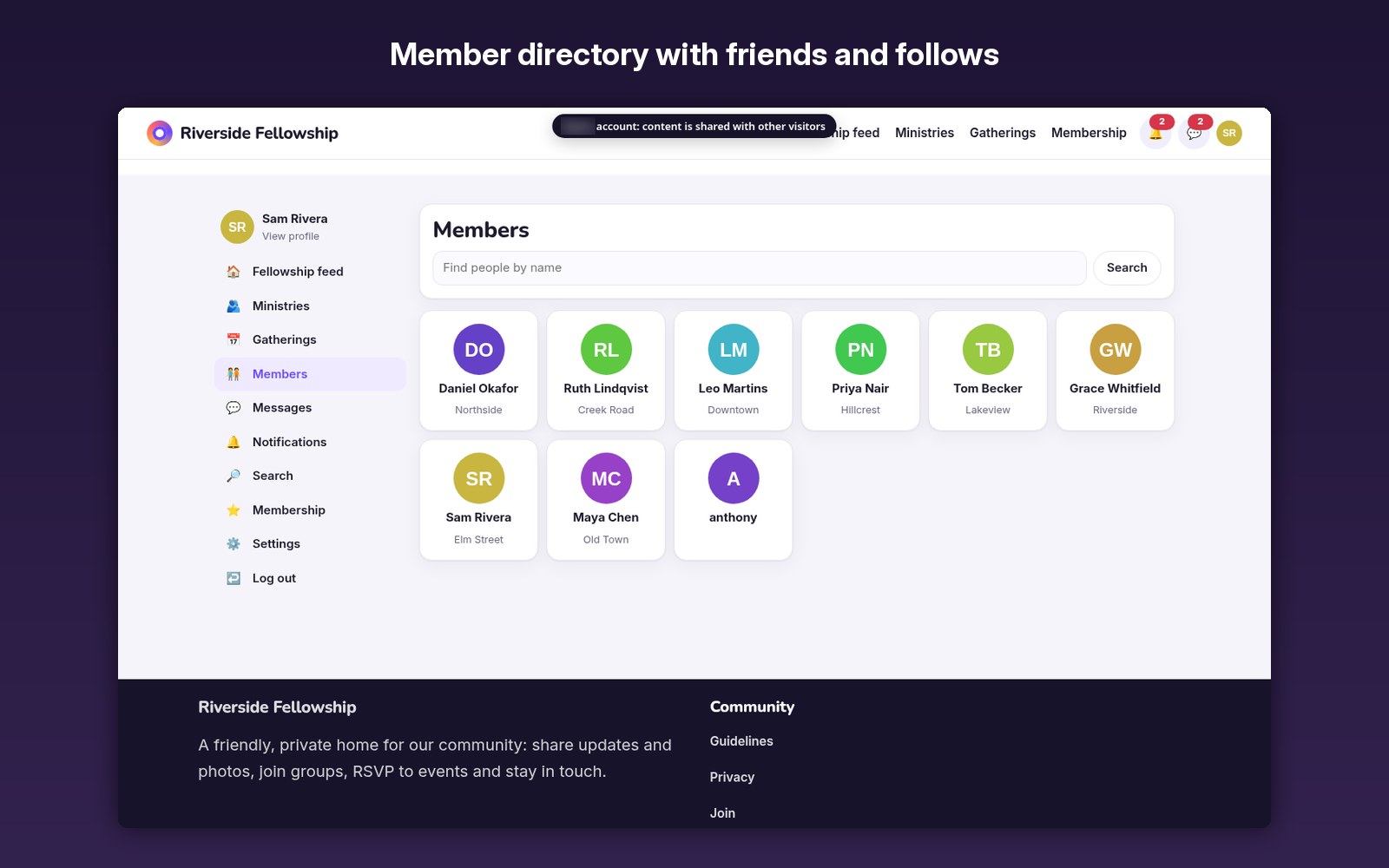 Member directory with friends and follows