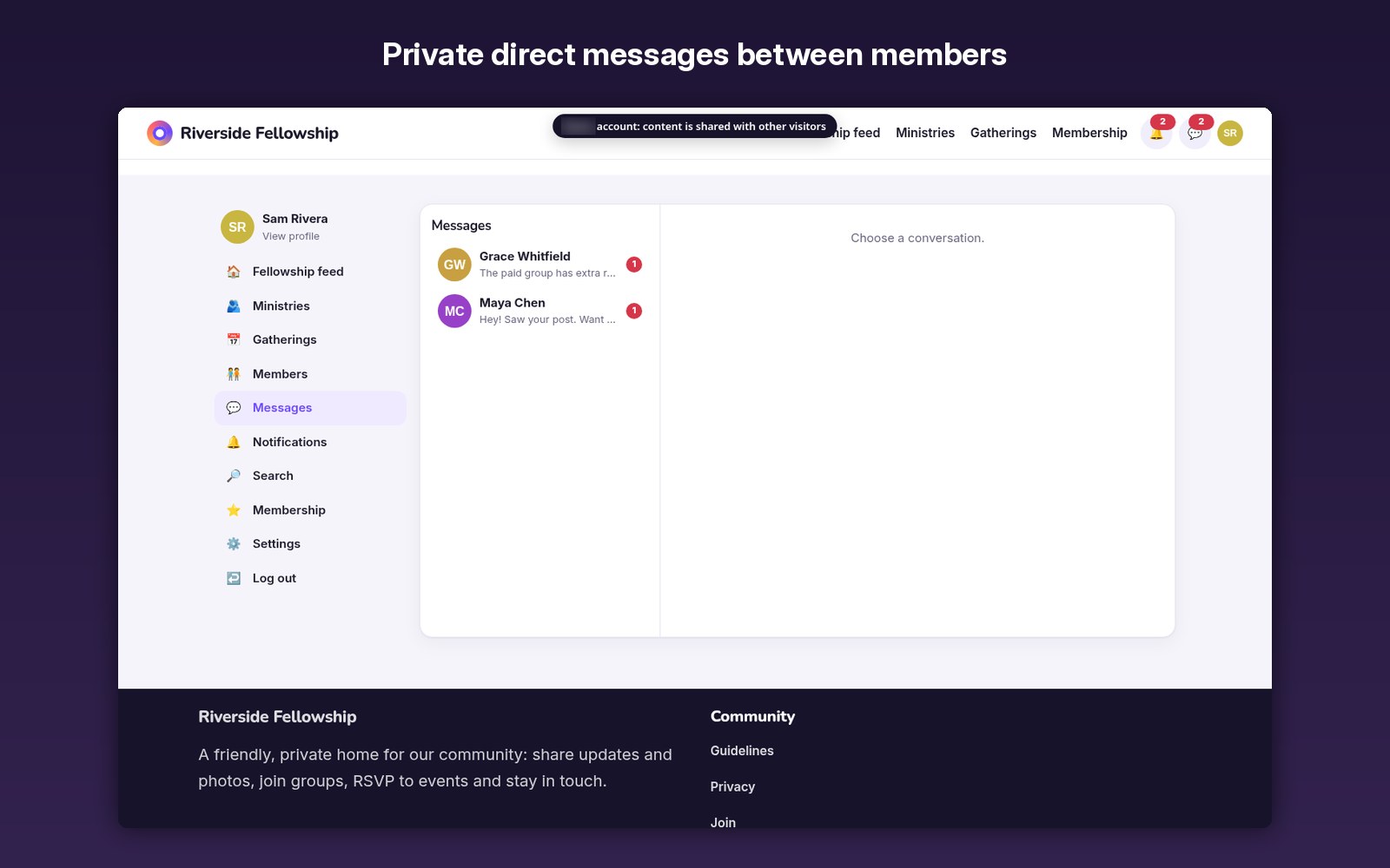 Private direct messages between members