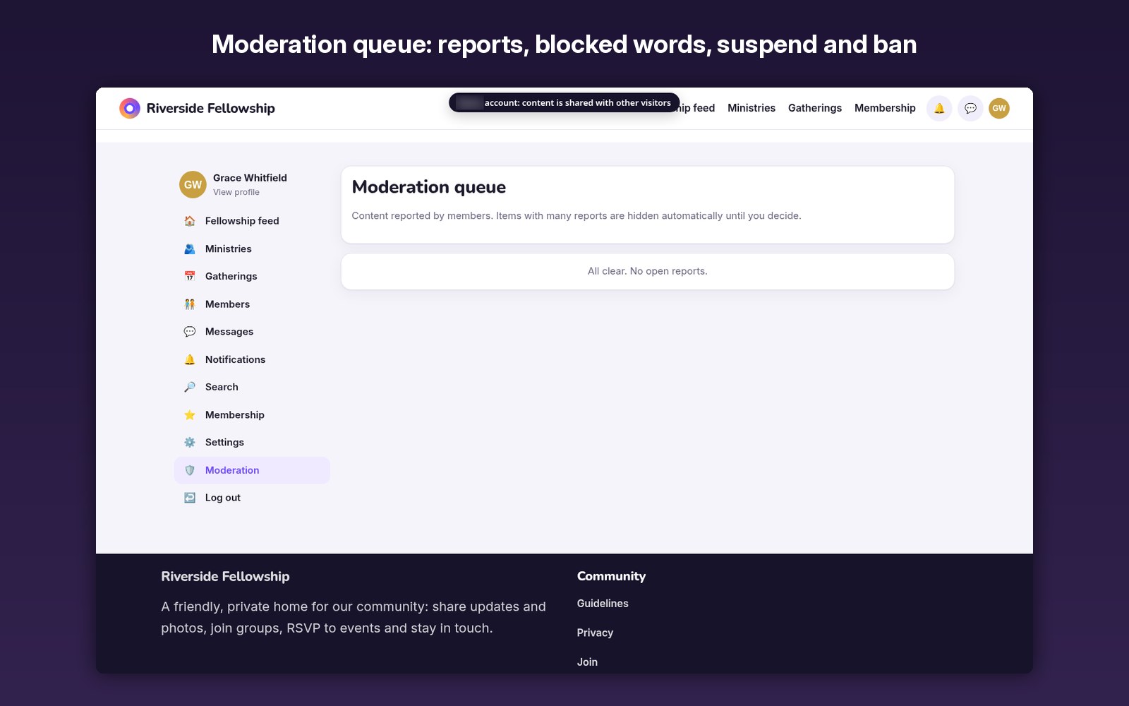 Moderation queue: reports, blocked words, suspend and ban