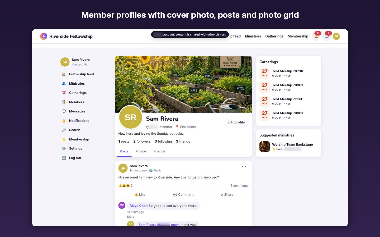 Member profiles with cover photo, posts and photo grid