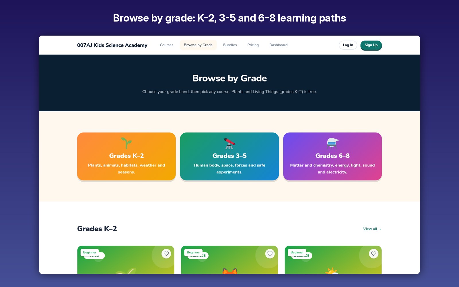 Browse by grade: K-2, 3-5 and 6-8 learning paths