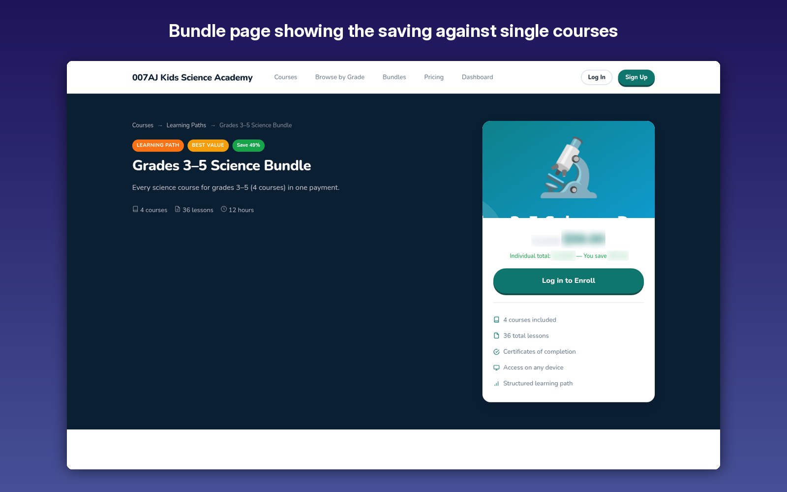 Bundle page showing the saving against single courses