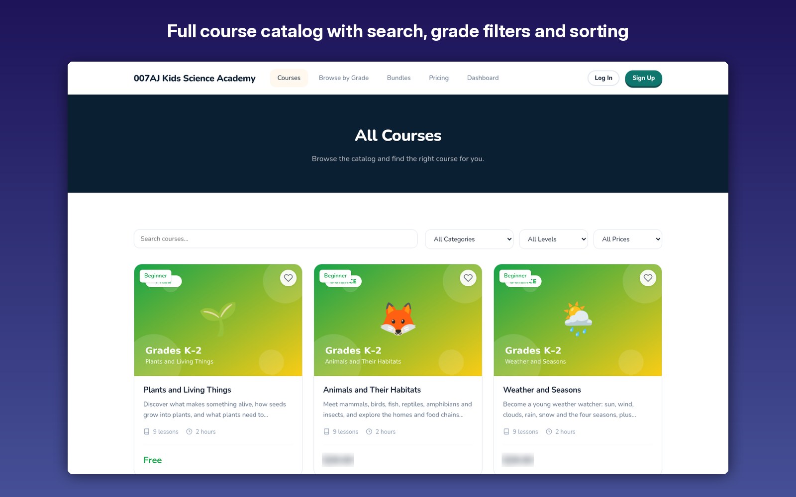 Full course catalog with search, grade filters and sorting