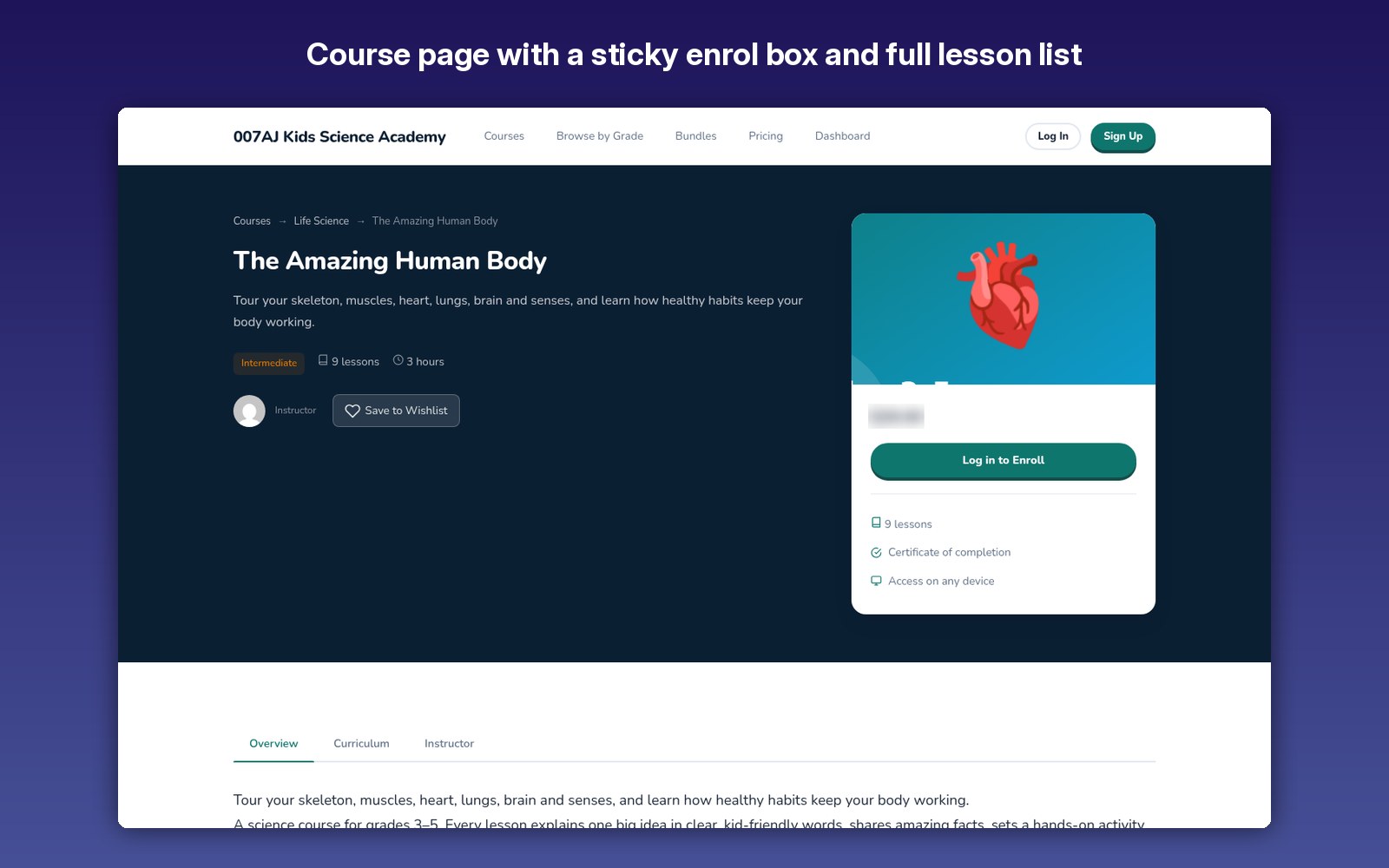 Course page with a sticky enrol box and full lesson list
