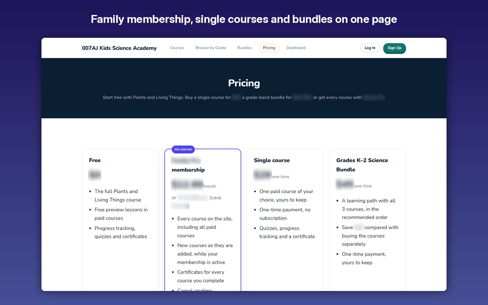 Family membership, single courses and bundles on one page