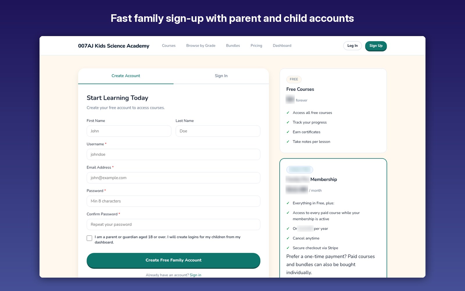 Fast family sign-up with parent and child accounts