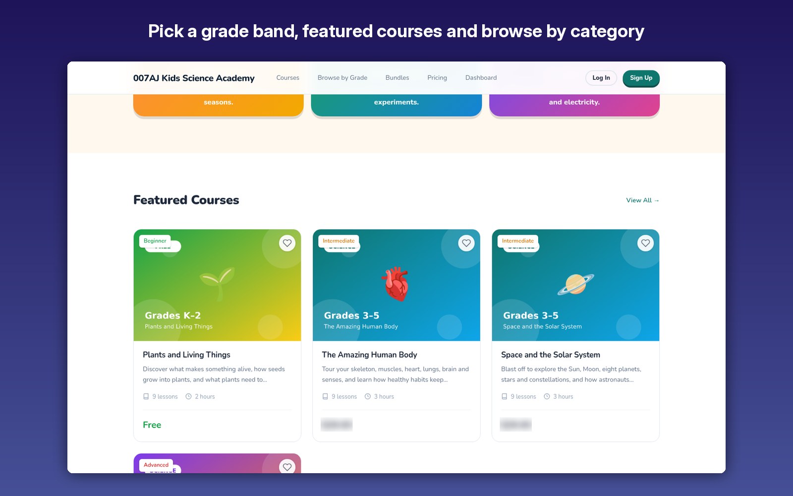 Pick a grade band, featured courses and browse by category