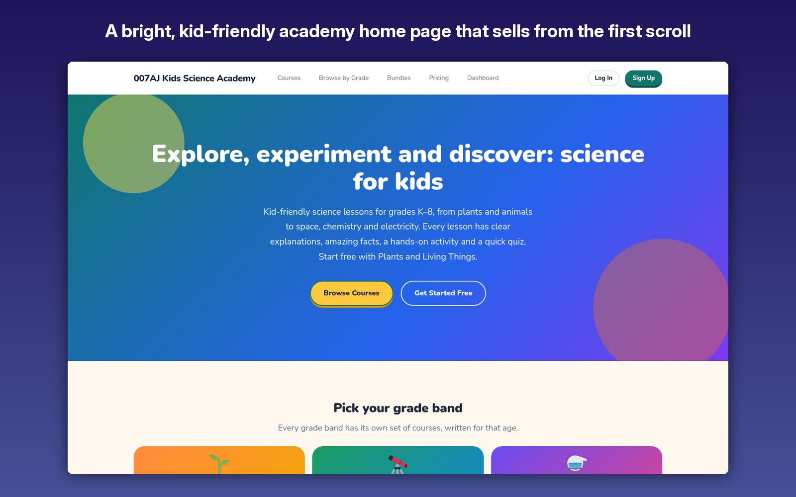 A bright, kid-friendly academy home page that sells from the first scroll