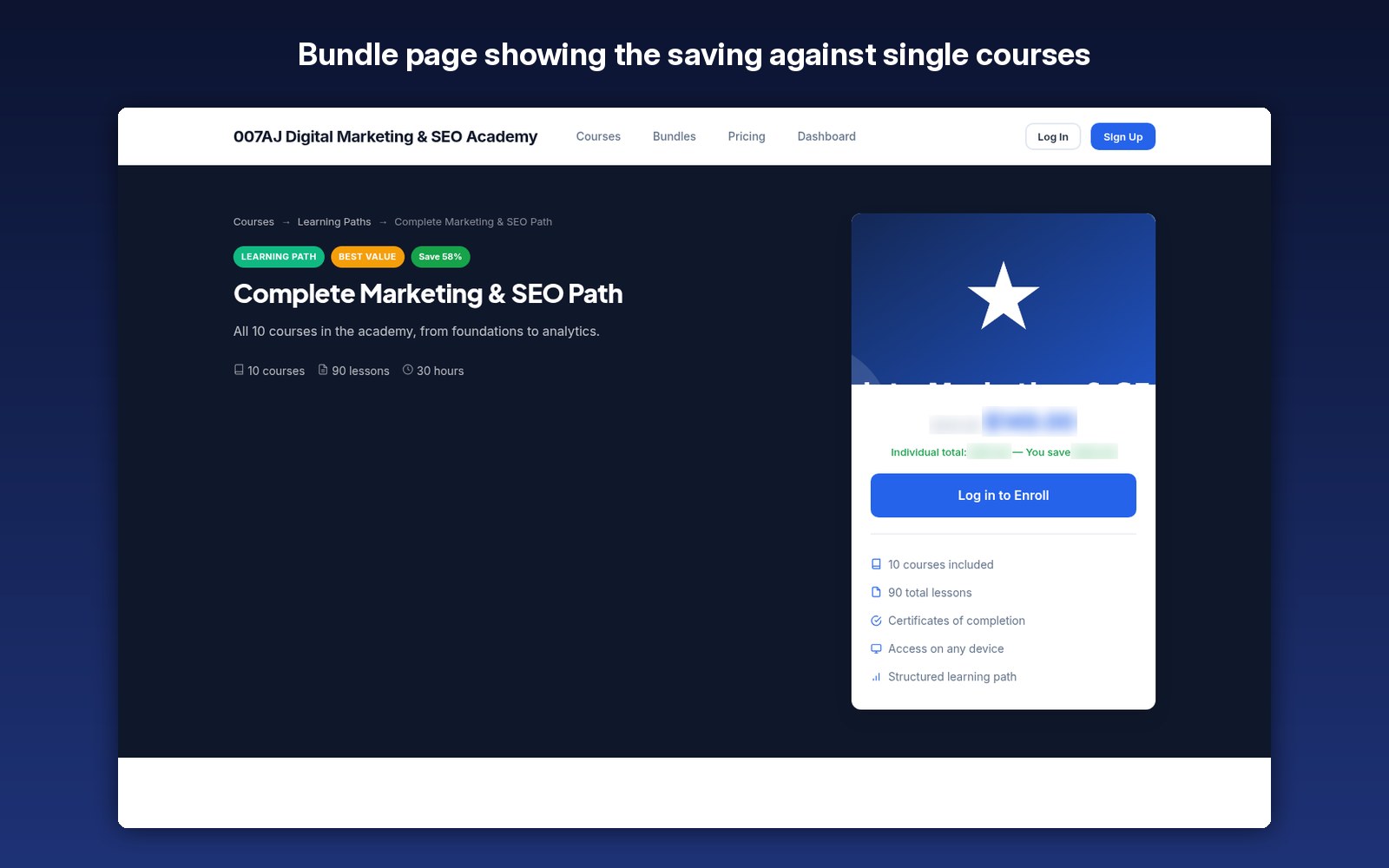Bundle page showing the saving against single courses