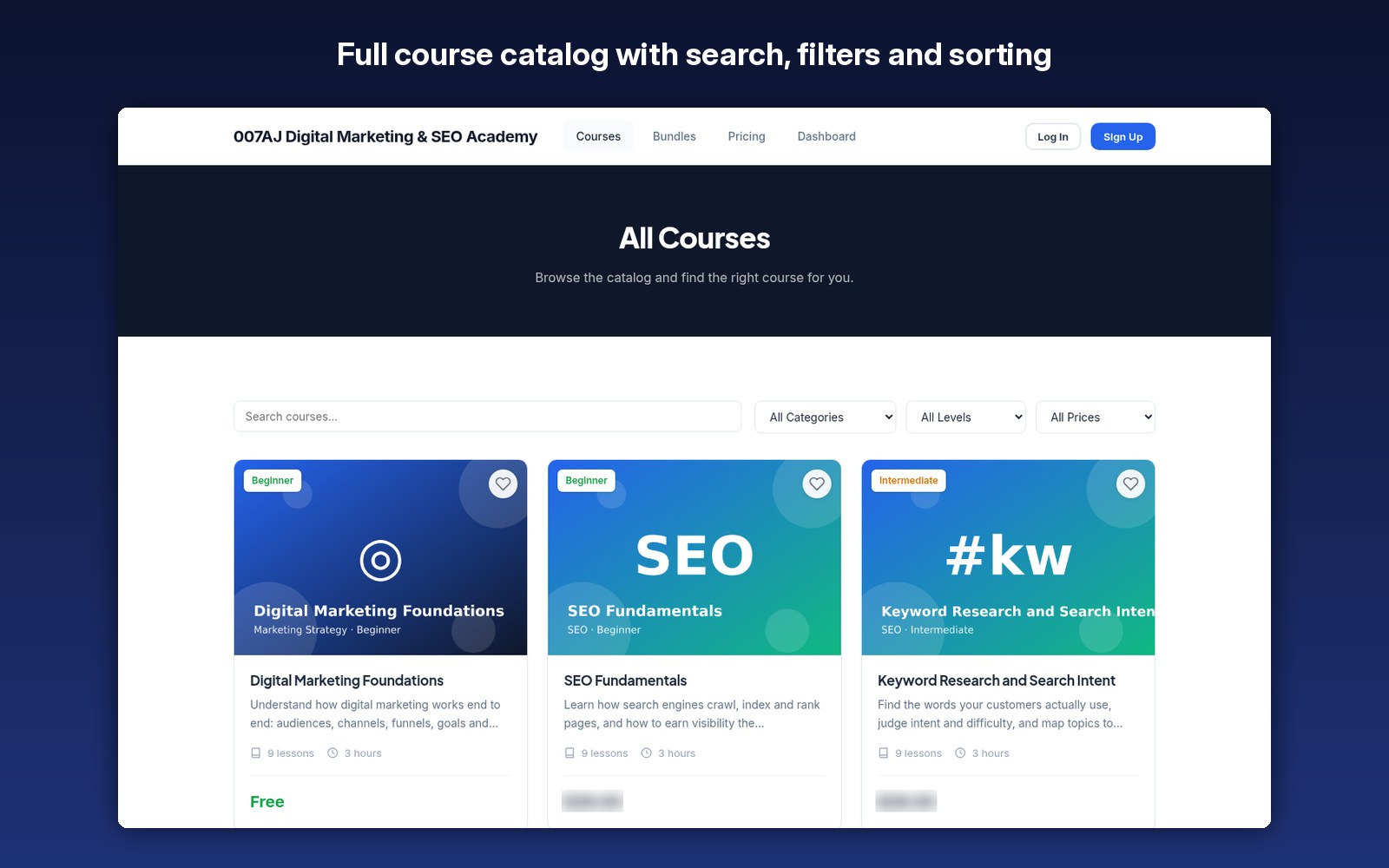 Full course catalog with search, filters and sorting