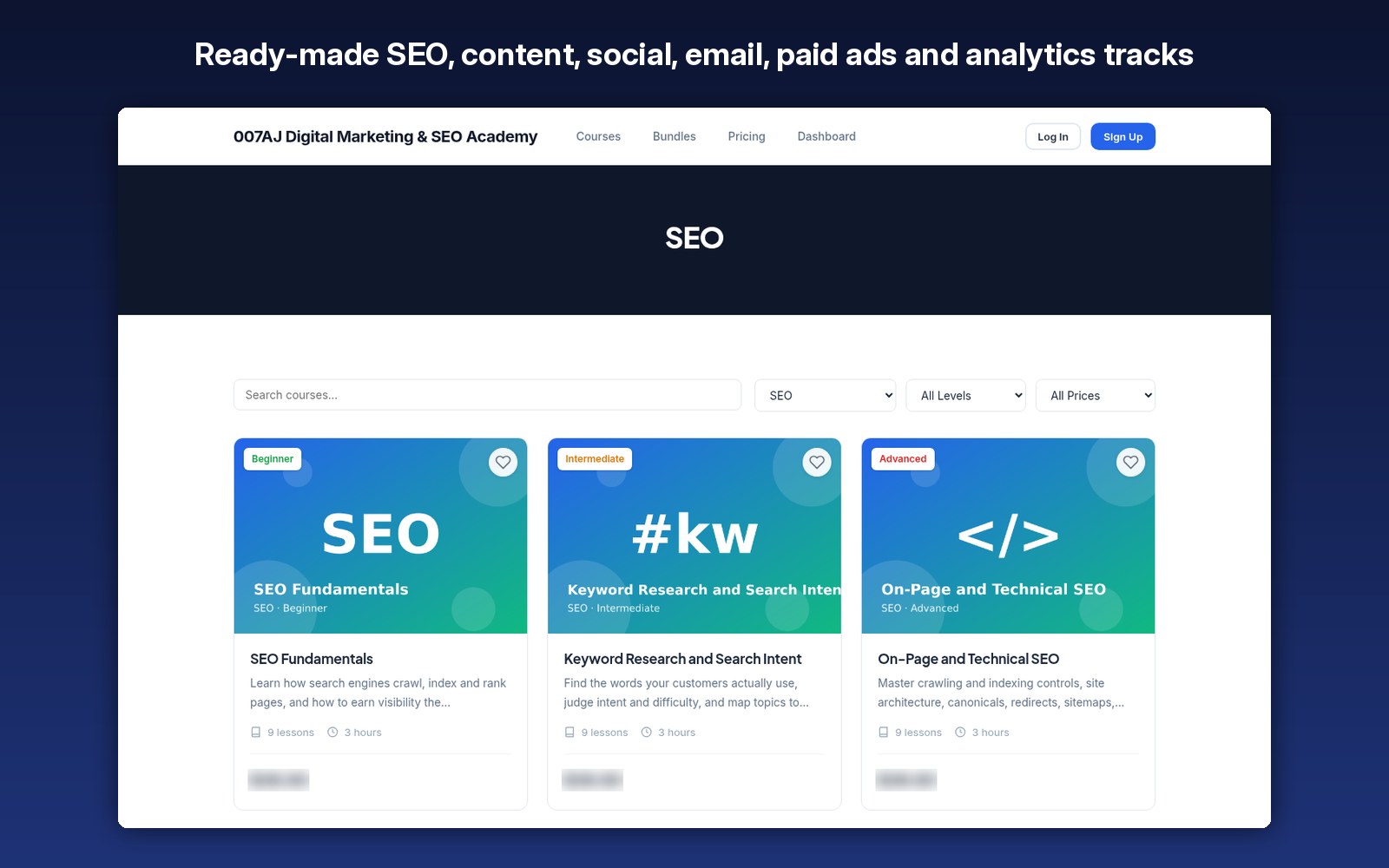 Ready-made SEO, content, social, email, paid ads and analytics tracks