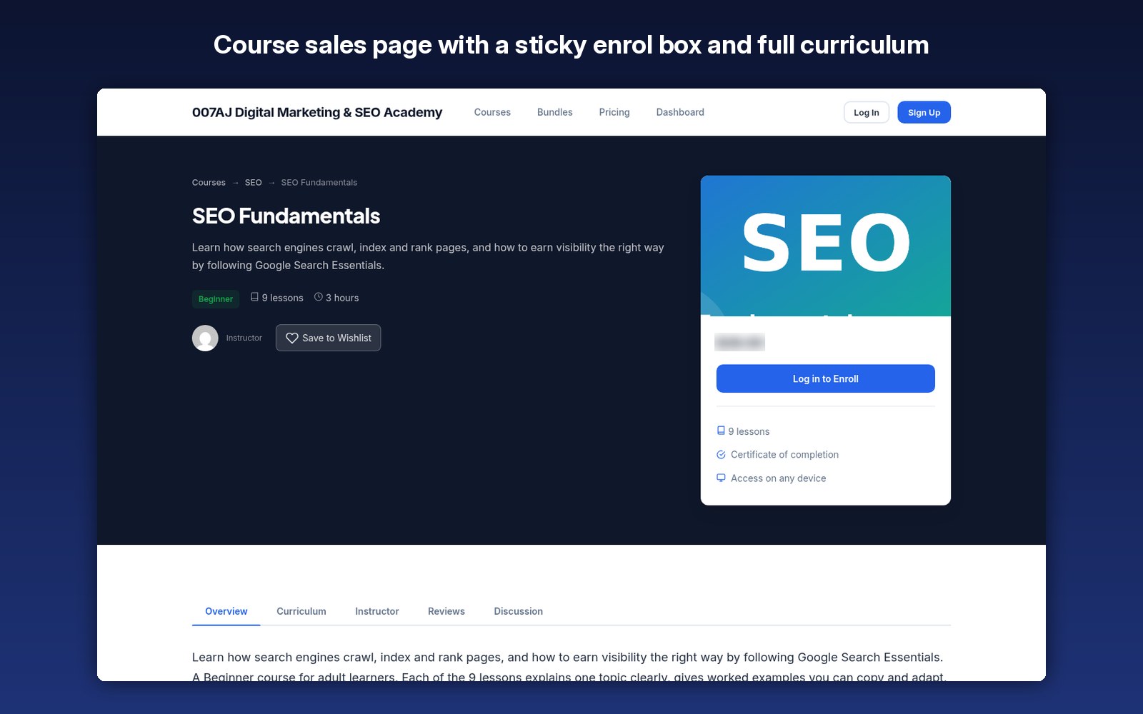 Course sales page with a sticky enrol box and full curriculum