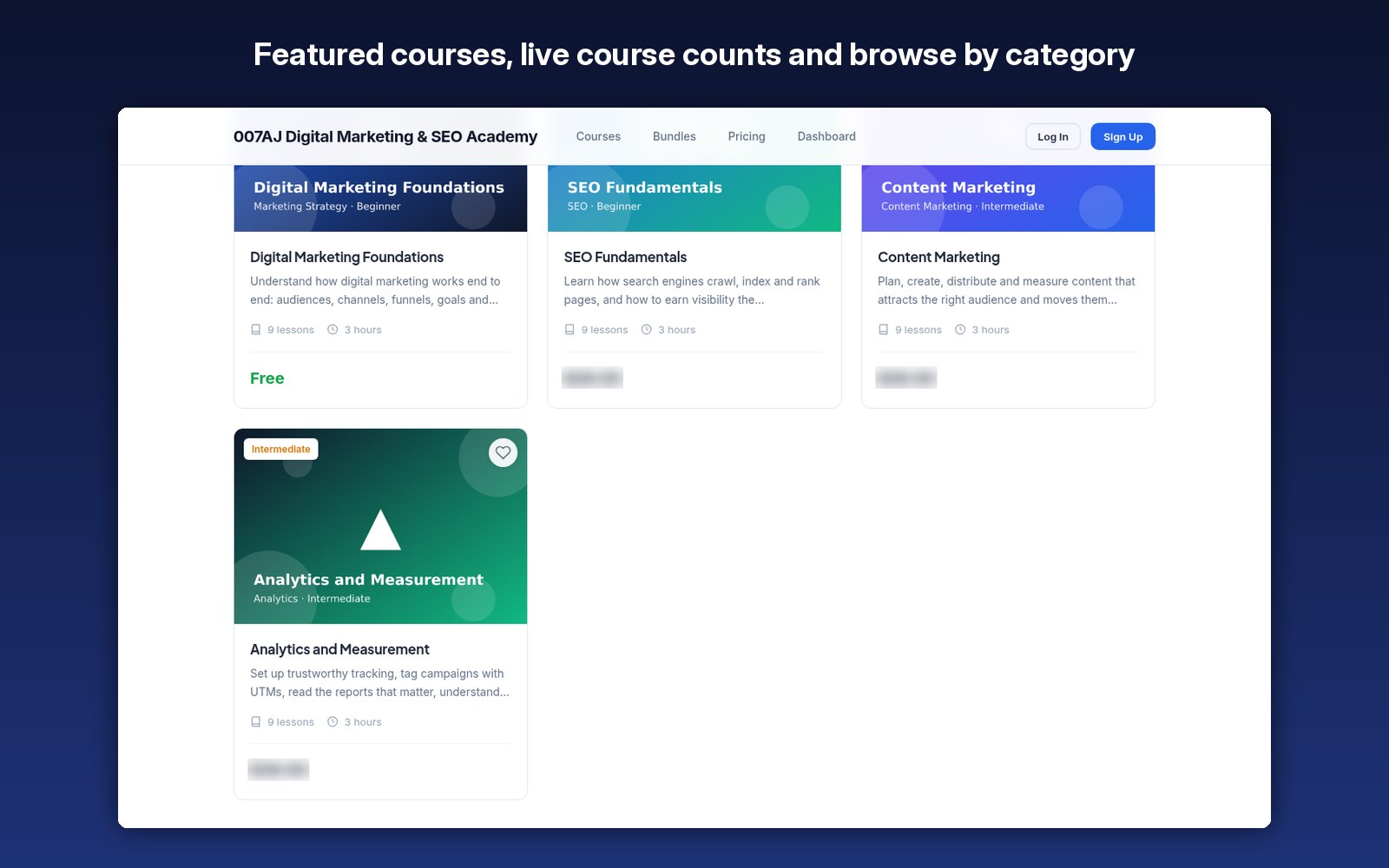 Featured courses, live course counts and browse by category