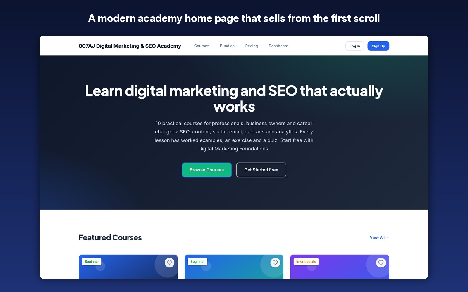 A modern academy home page that sells from the first scroll