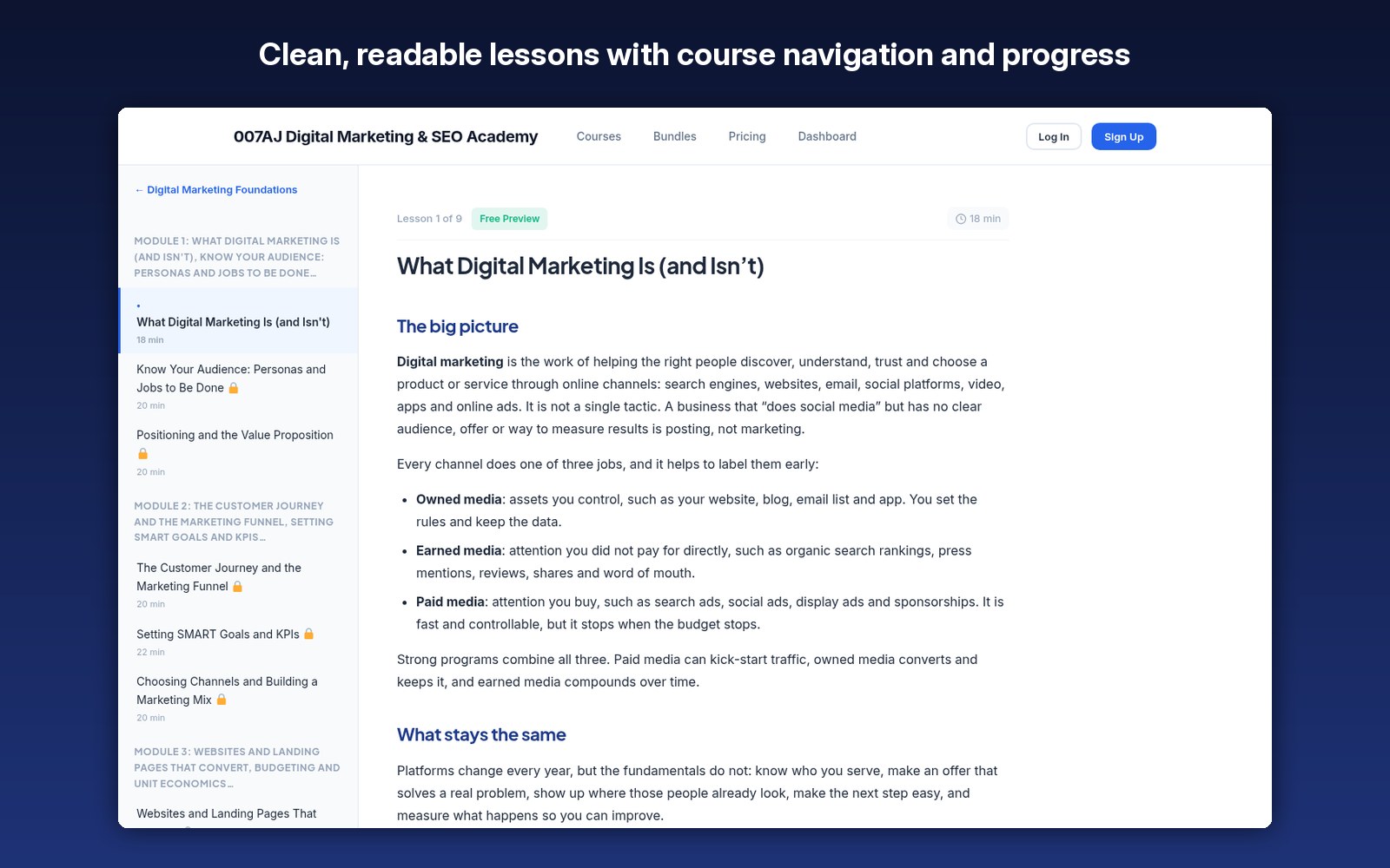 Clean, readable lessons with course navigation and progress