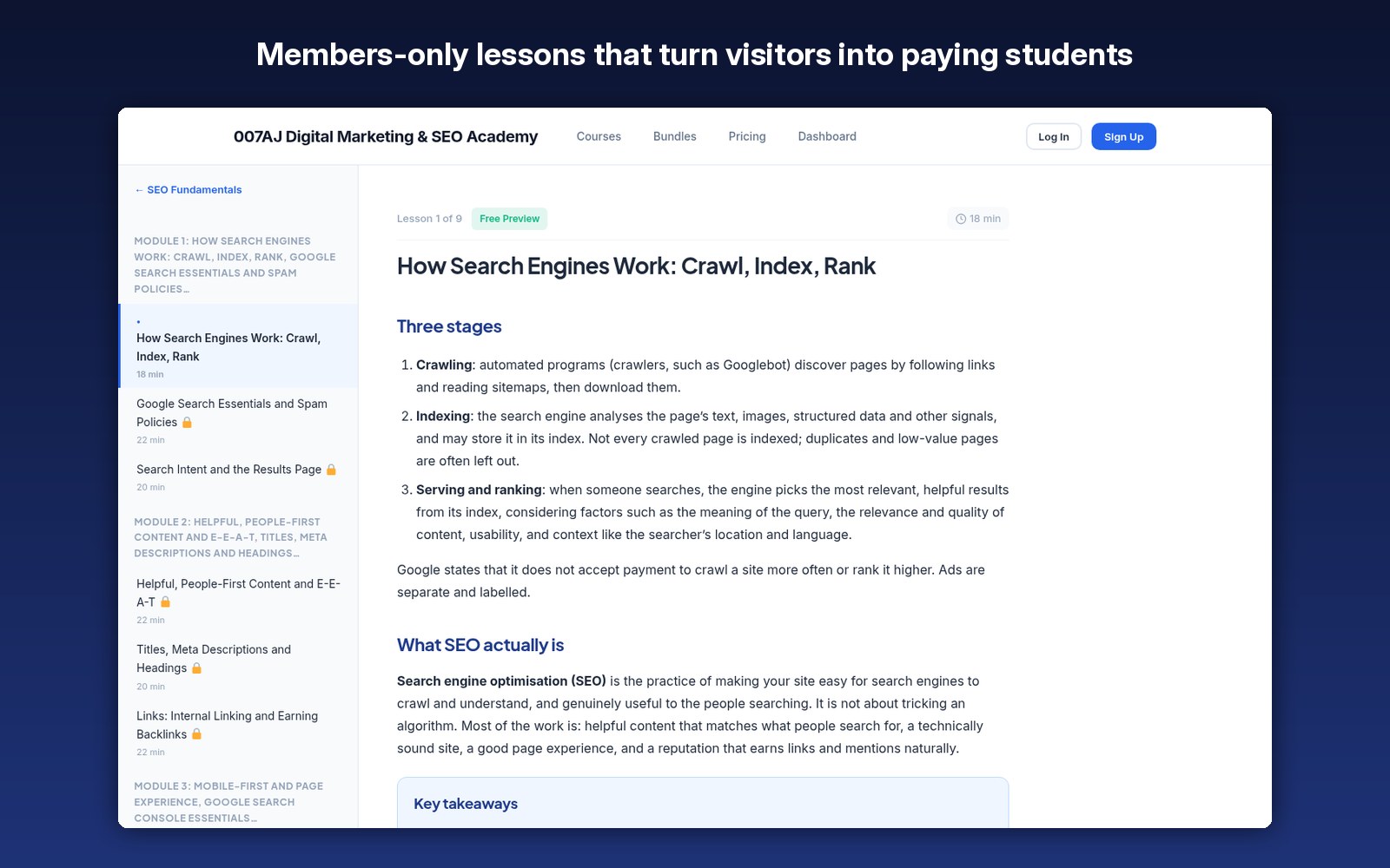 Members-only lessons that turn visitors into paying students