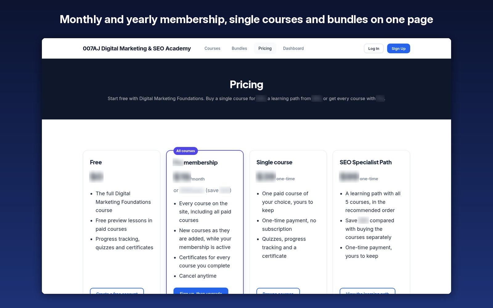 Monthly and yearly membership, single courses and bundles on one page