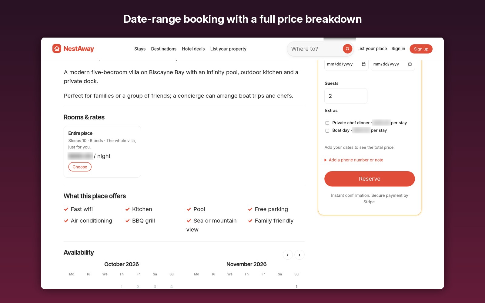 Date-range booking with a full price breakdown