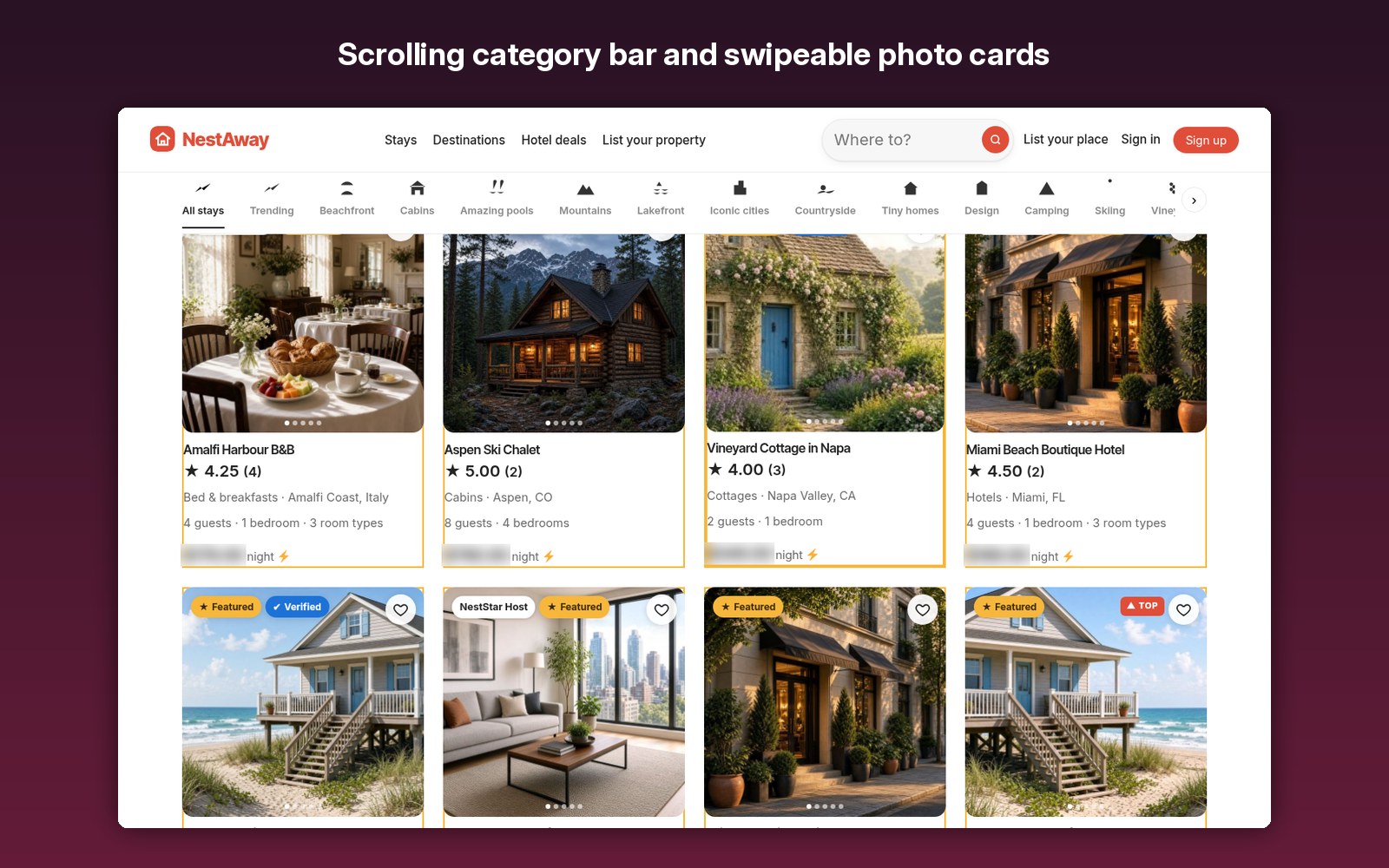 Scrolling category bar and swipeable photo cards