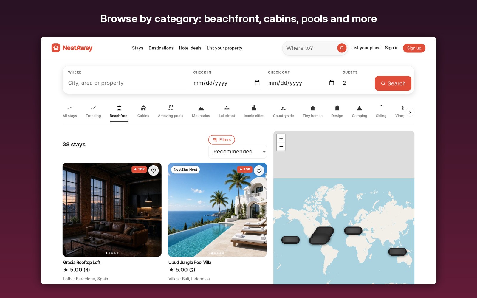 Browse by category: beachfront, cabins, pools and more