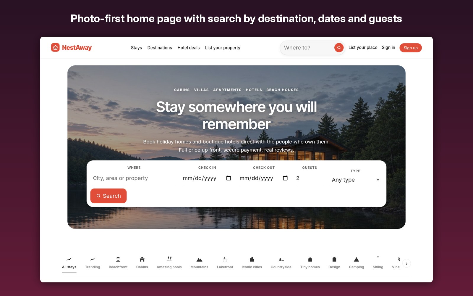 Photo-first home page with search by destination, dates and guests