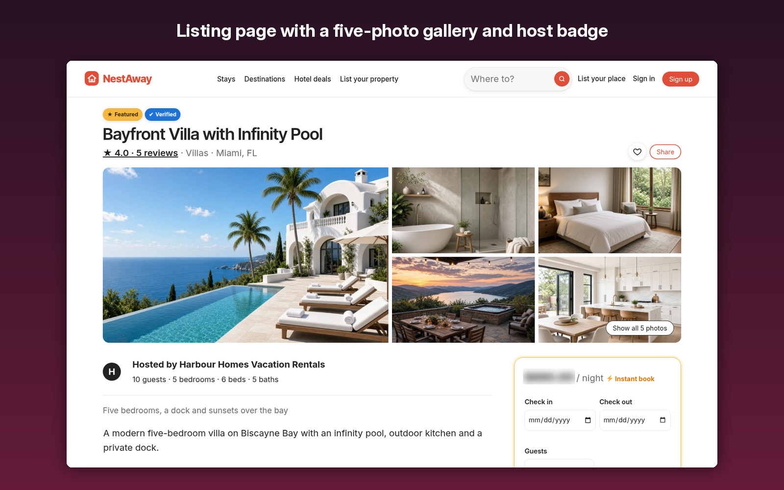 Listing page with a five-photo gallery and host badge