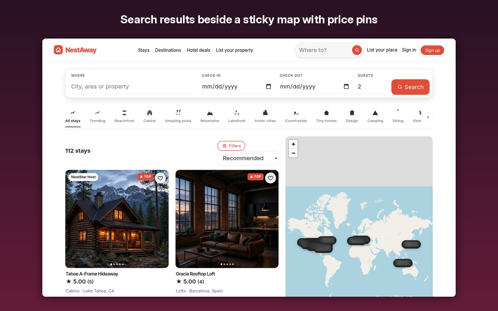 Search results beside a sticky map with price pins