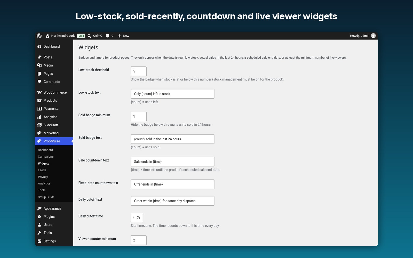 Low-stock, sold-recently, countdown and live viewer widgets
