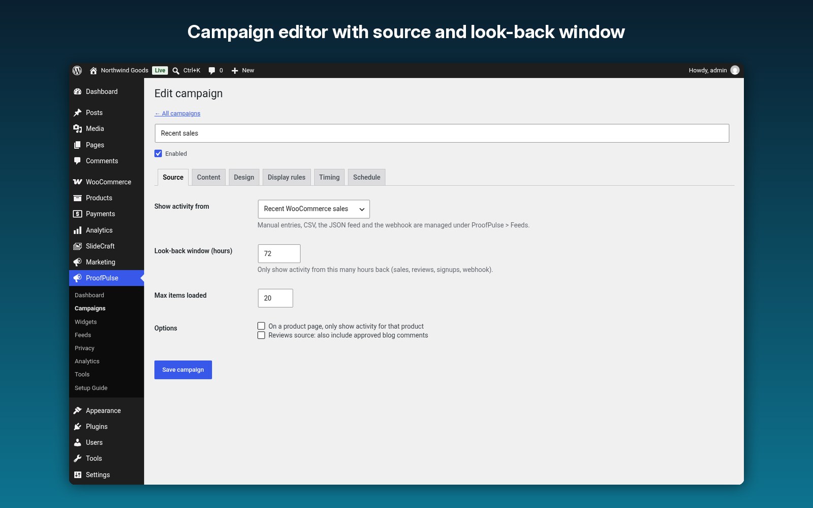 Campaign editor with source and look-back window