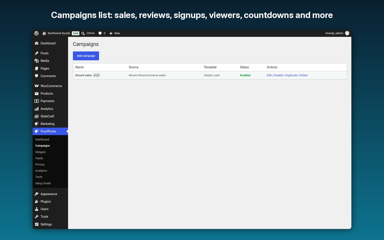 Campaigns list: sales, reviews, signups, viewers, countdowns and more