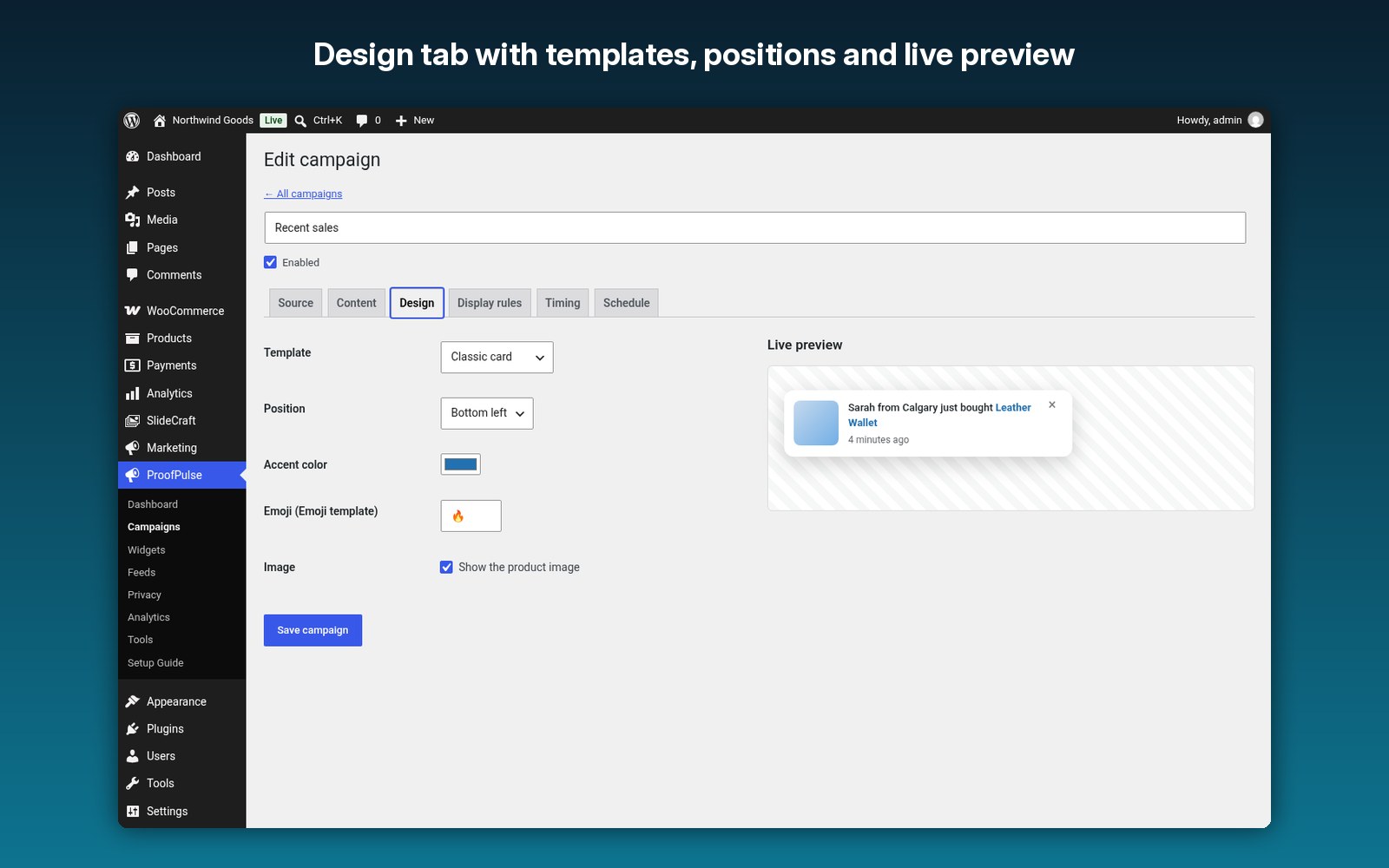 Design tab with templates, positions and live preview