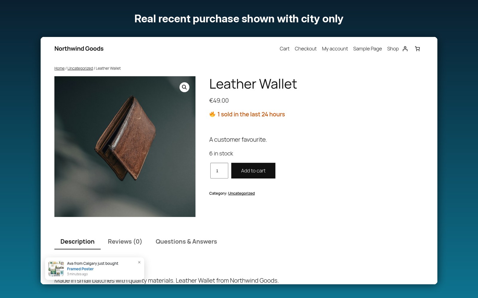 Real recent purchase shown with city only