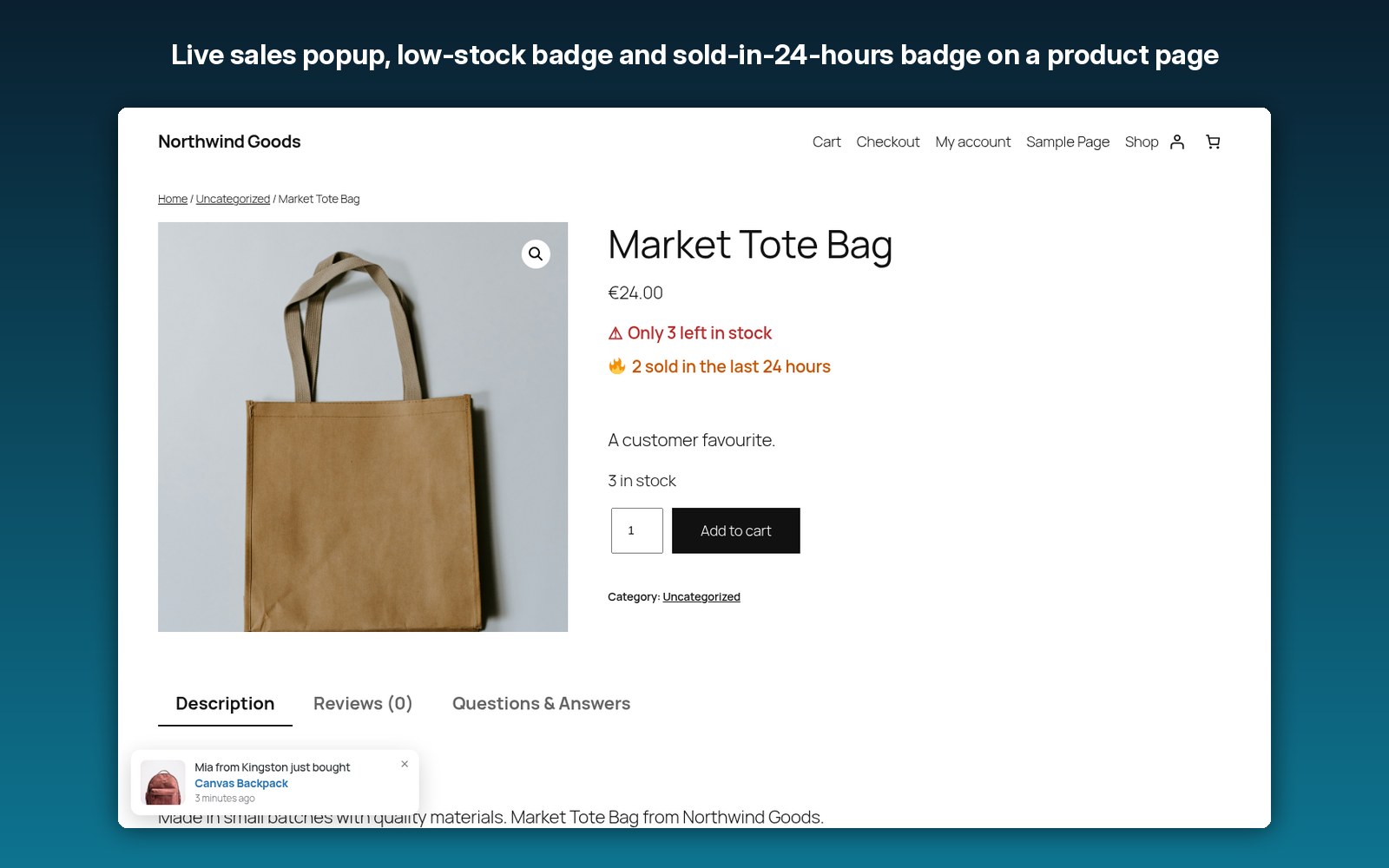 Live sales popup, low-stock badge and sold-in-24-hours badge on a product page