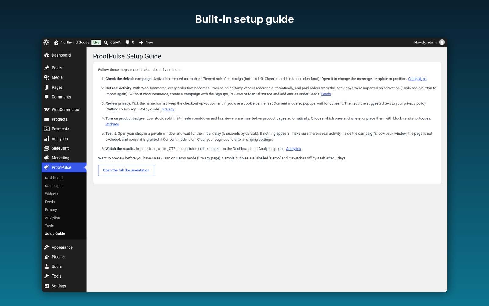 Built-in setup guide