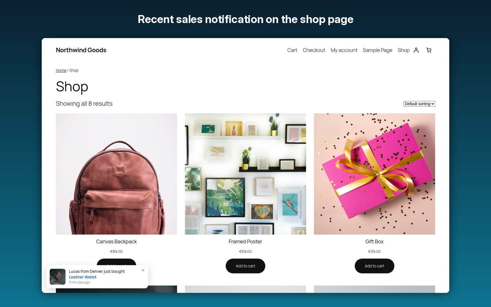 Recent sales notification on the shop page