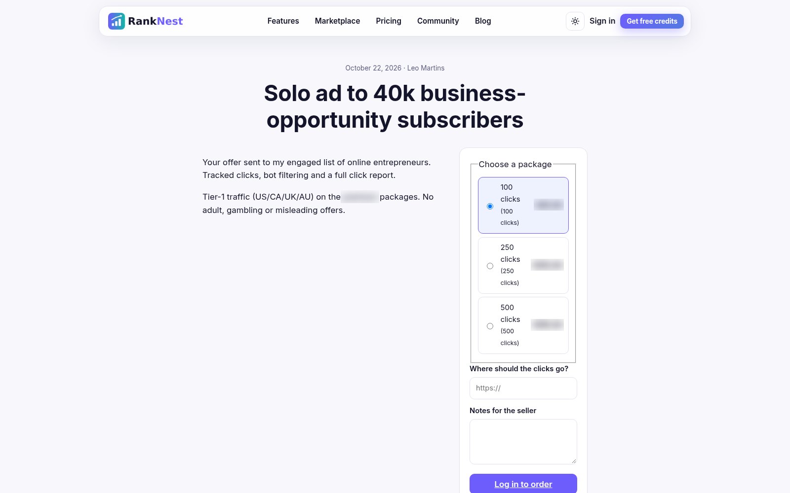 RankNest solo ad listing