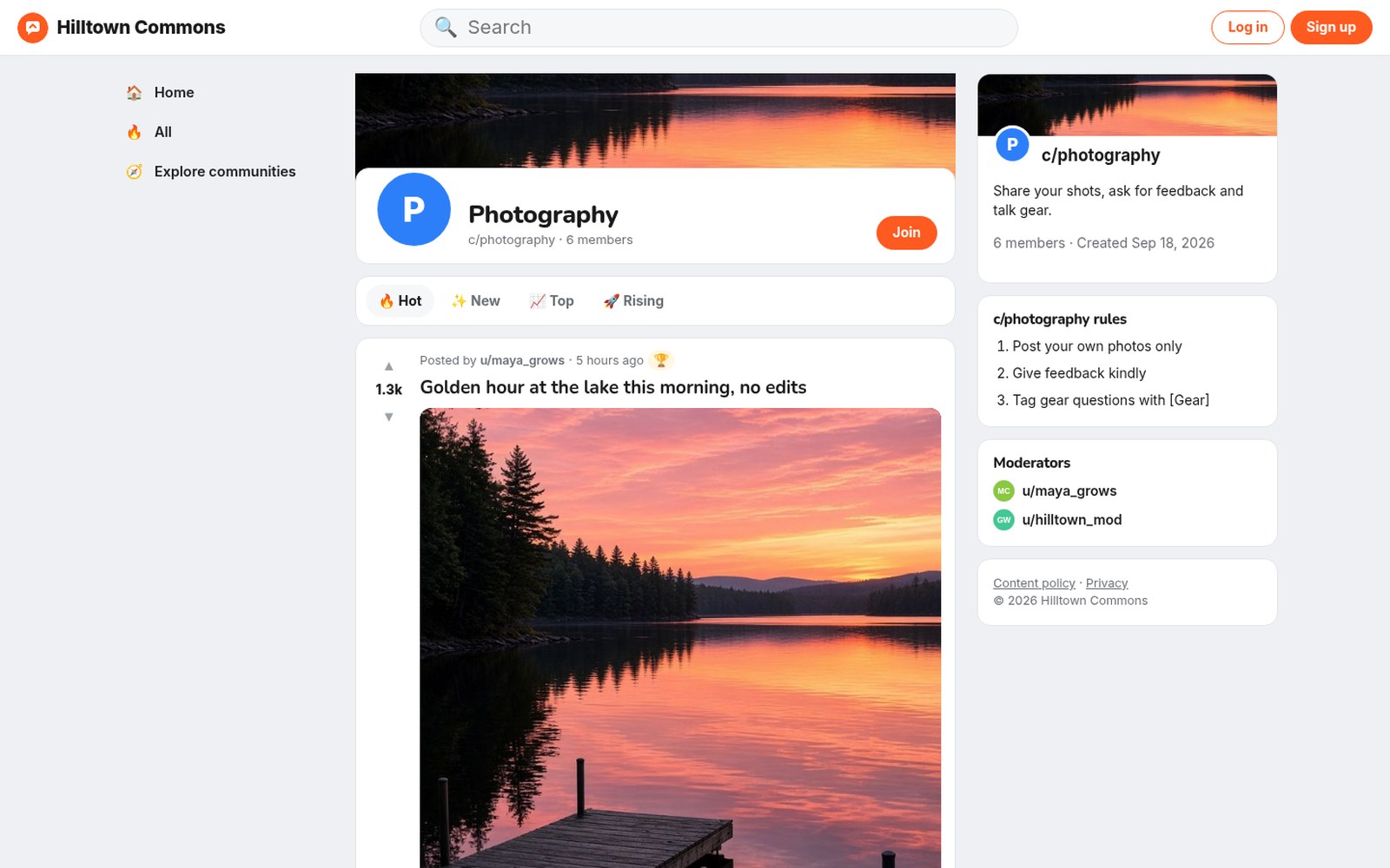 Community pages with banner, rules, moderators and join button