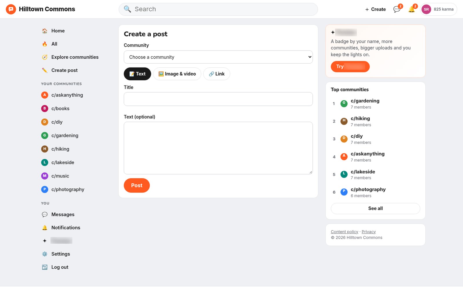 Create text, link and image posts in any community