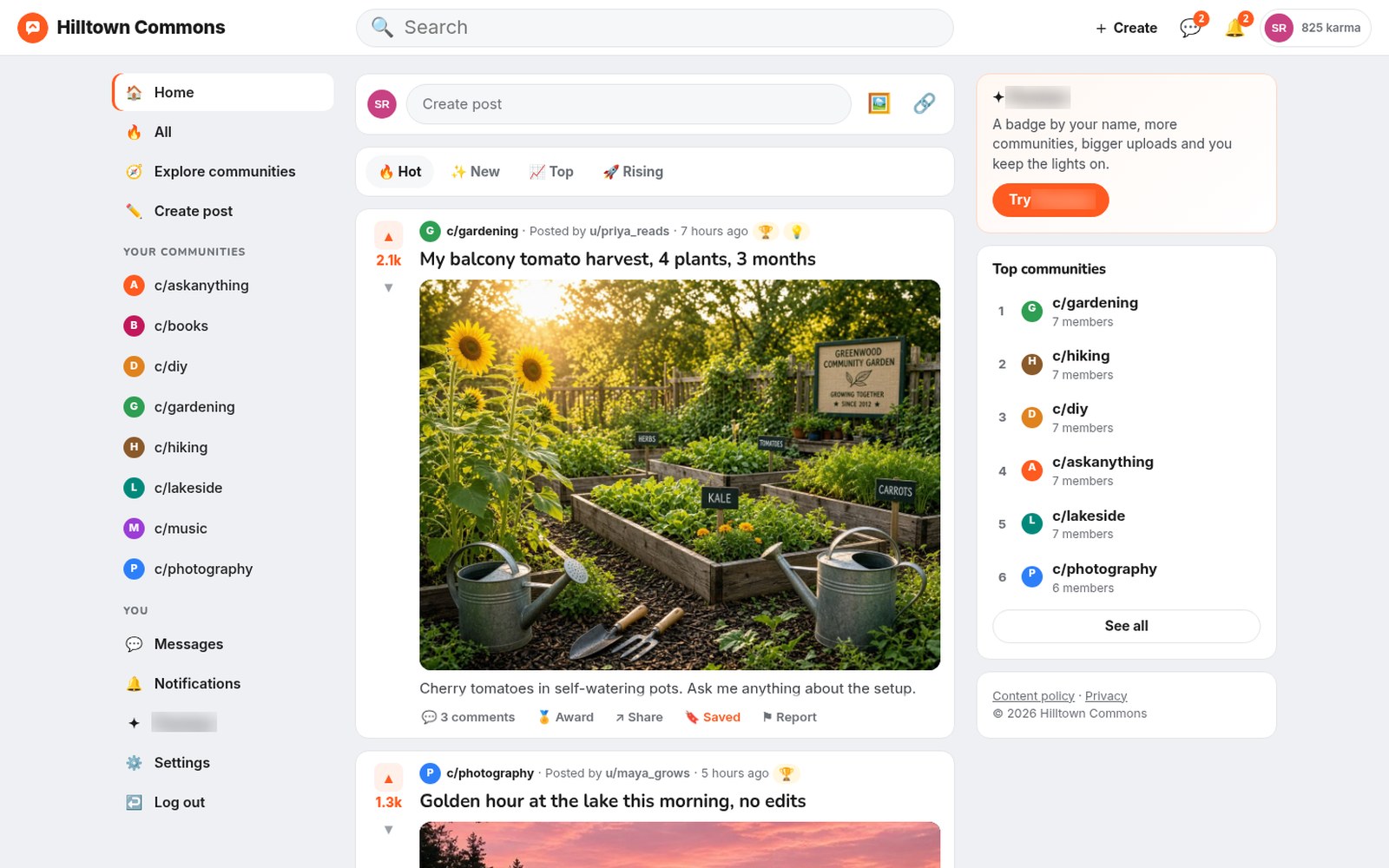 Personal home feed from the communities a member has joined