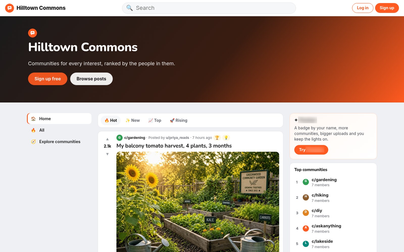 Welcome page and Hot feed of top posts from every community