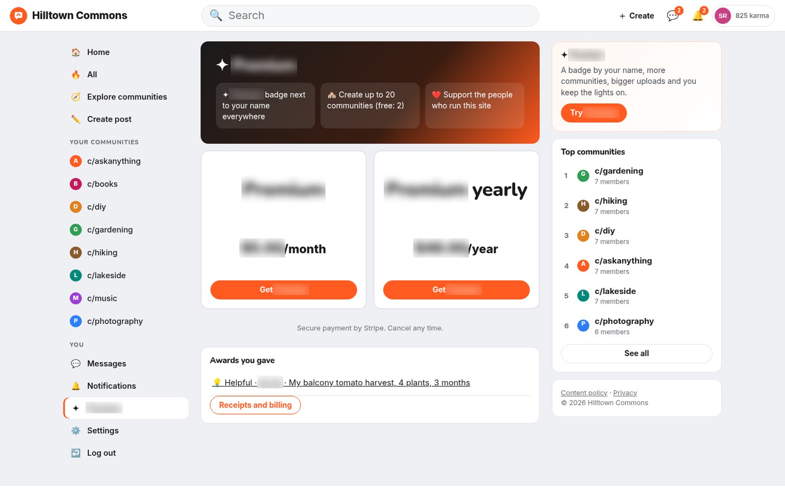 Paid membership by monthly or yearly plan, with a profile badge and perks