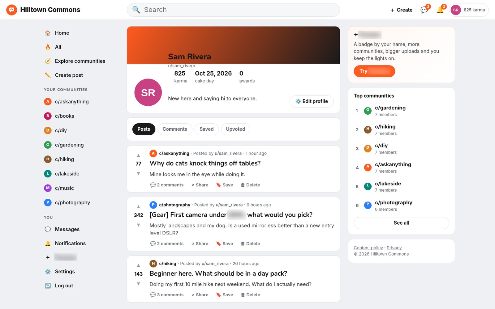 Member profiles with karma, posts, comments, saved and upvoted tabs