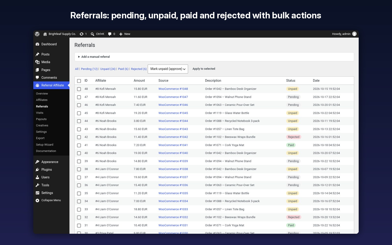 Every referral with its order and status