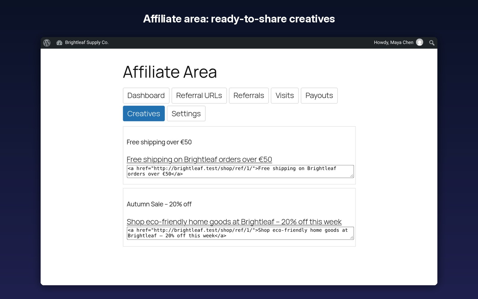 Ready-to-share creatives in the affiliate area