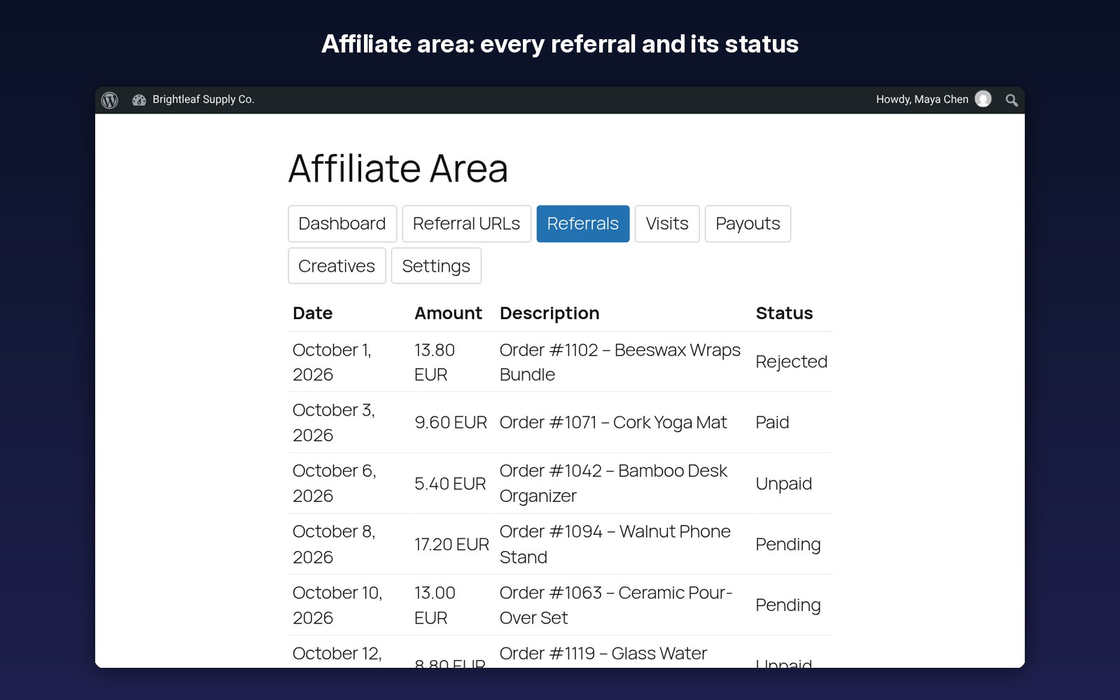 Affiliates see every referral and its status