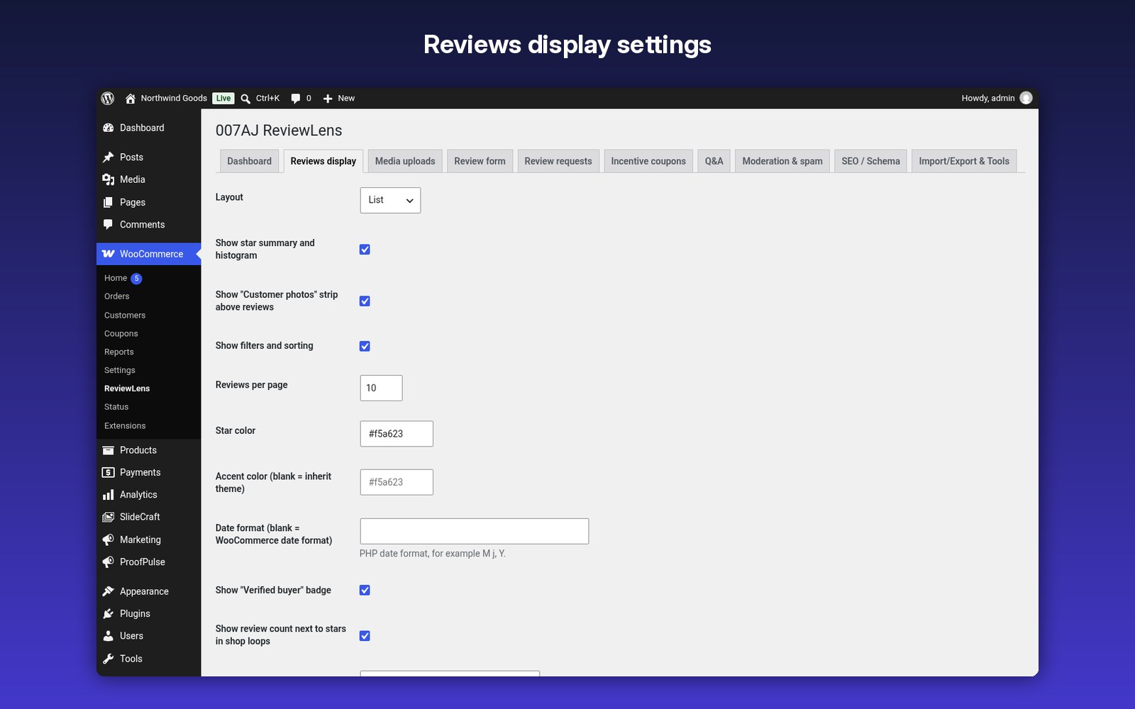 Reviews display settings