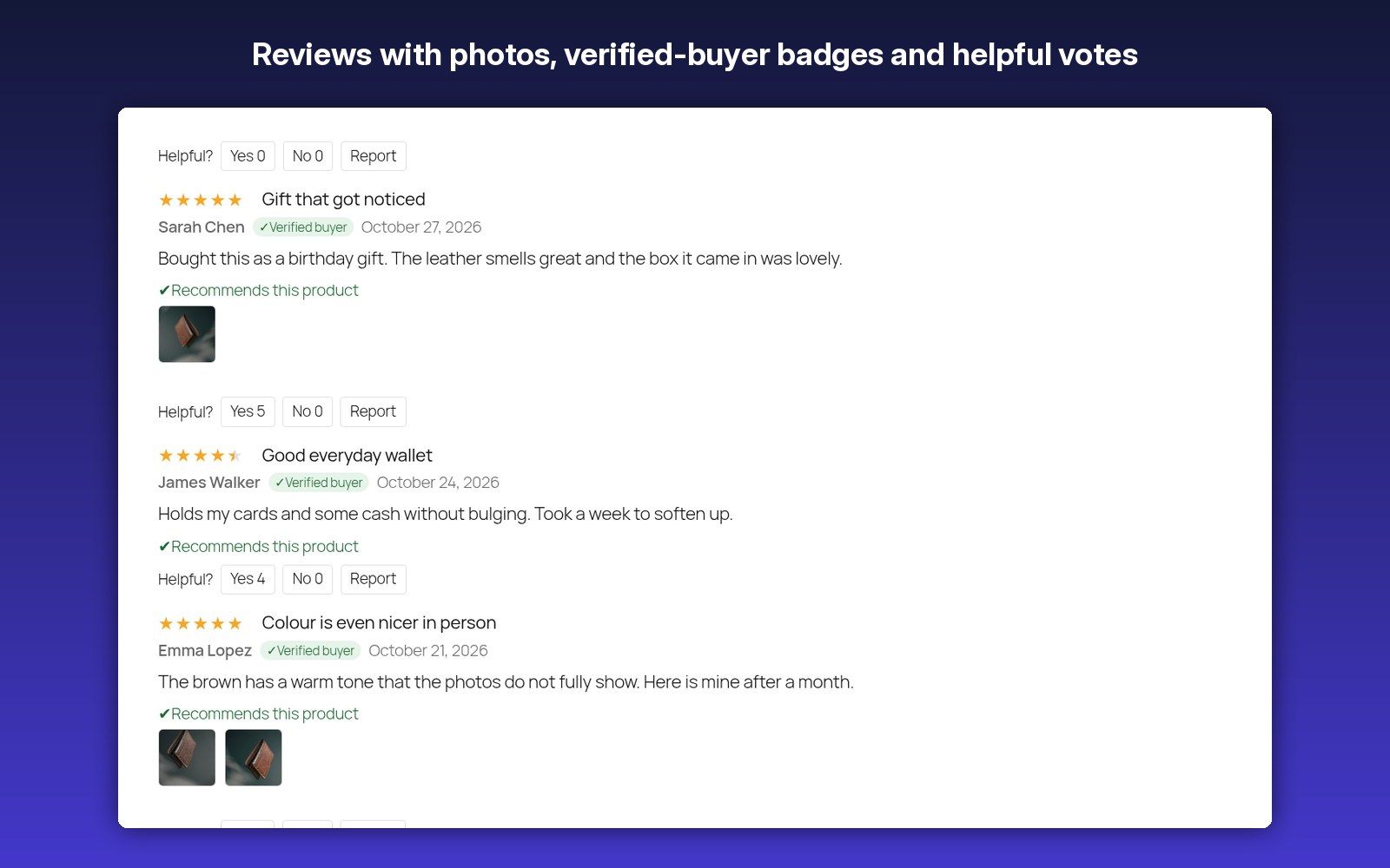 Reviews with photos, verified-buyer badges and helpful votes