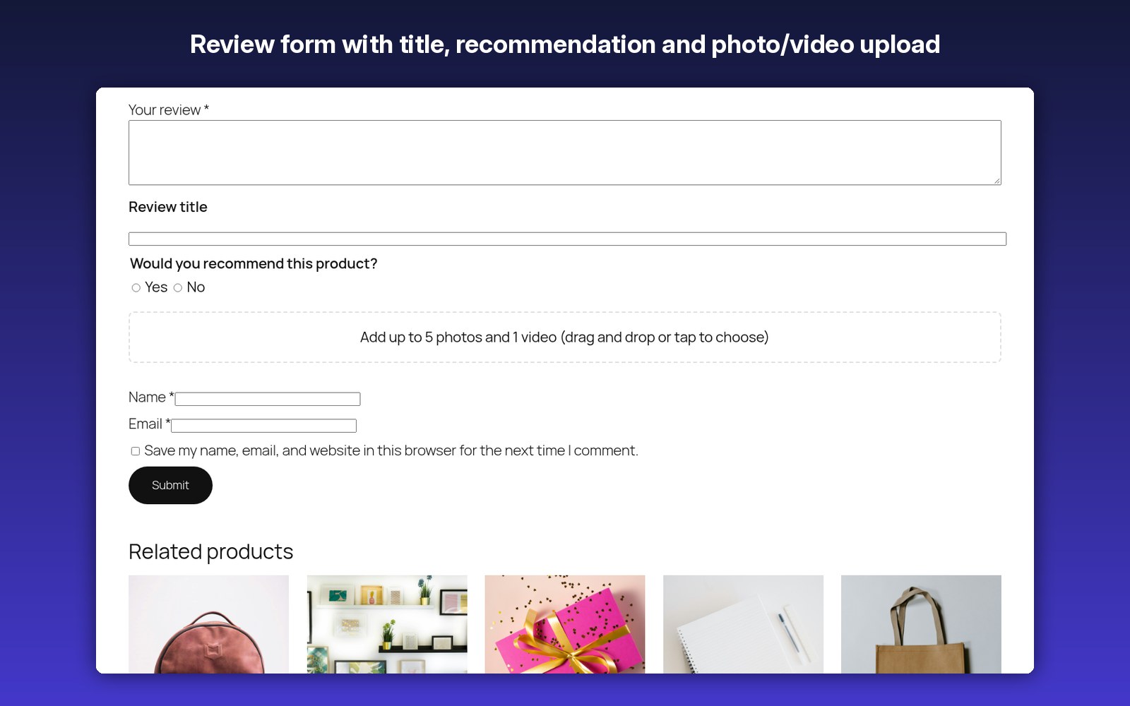 Review form with title, recommendation and photo/video upload
