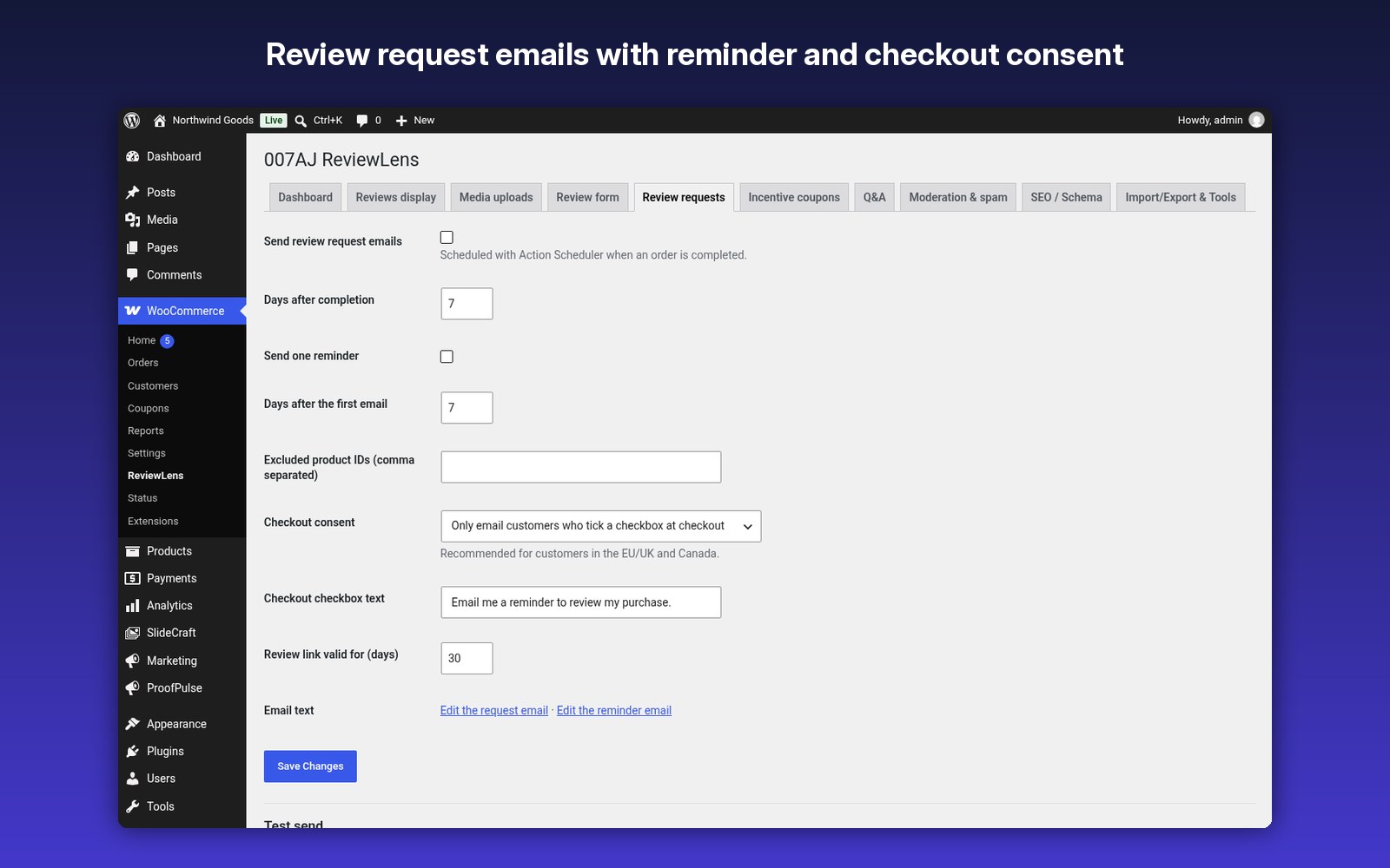Review request emails with reminder and checkout consent