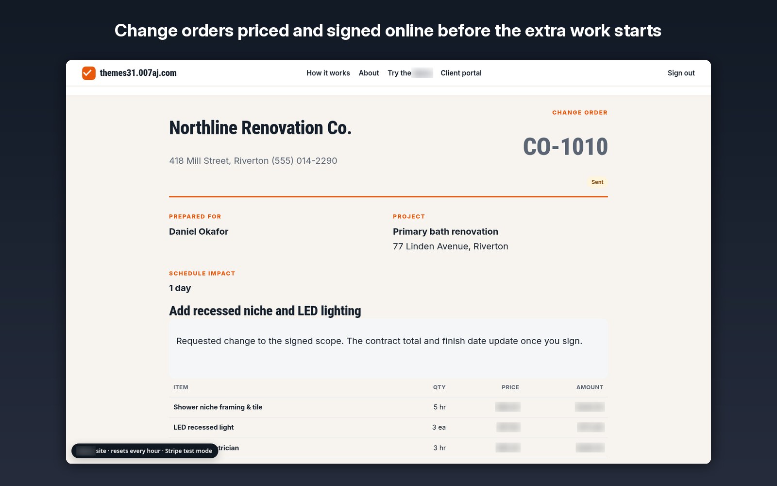 Change orders priced and signed online before the extra work starts